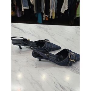 Givenchy Dark Denim Pointed Slingback Kitten Heels with Buckle